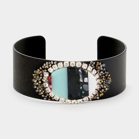 Oval Bead Rhinestone Cluster Metal Cuff Bracelet - Picture 1 of 6